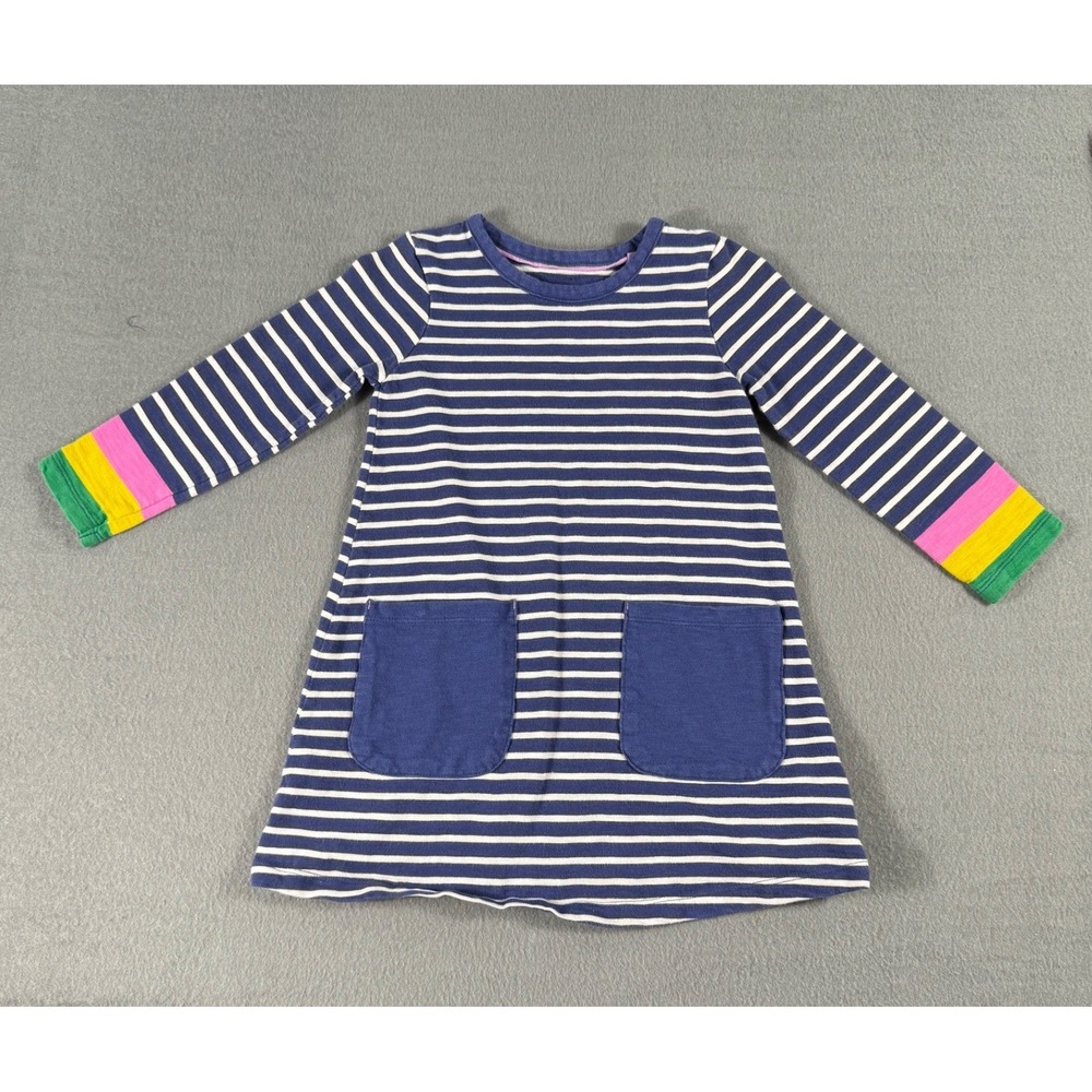 Mini Boden Girl Blue White Striped Dress Rainbow Cuffs Pockets 4–5Y Toddler Girl
